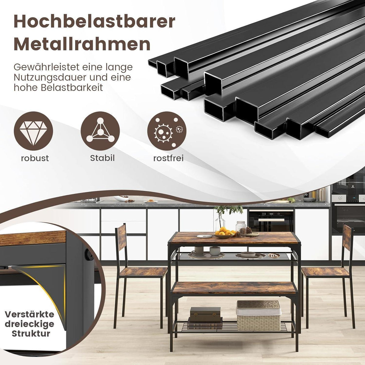 Esstisch Set 4-teilig mit Bank & Stühlen – Rustikales Braun