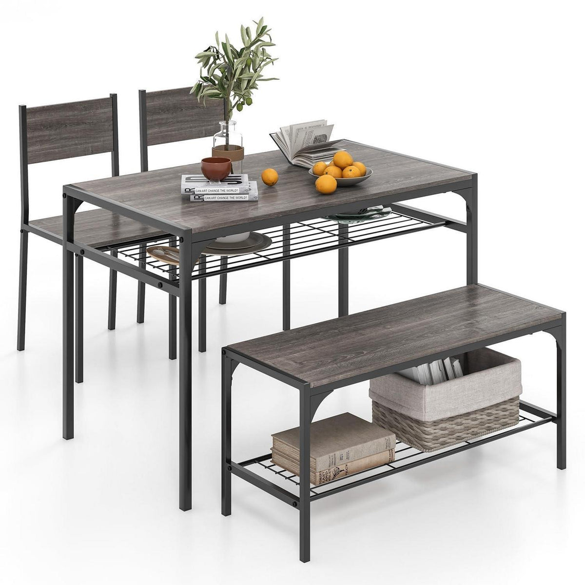 Esstisch Set 4-teilig mit Bank & Stühlen – Grau