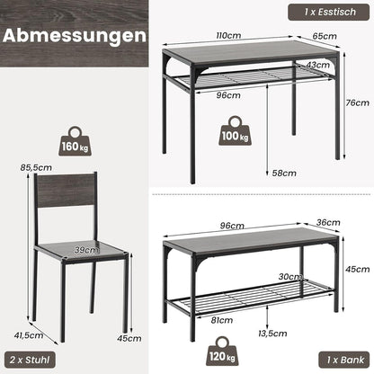 Esstisch Set 4-teilig mit Bank & Stühlen – Grau