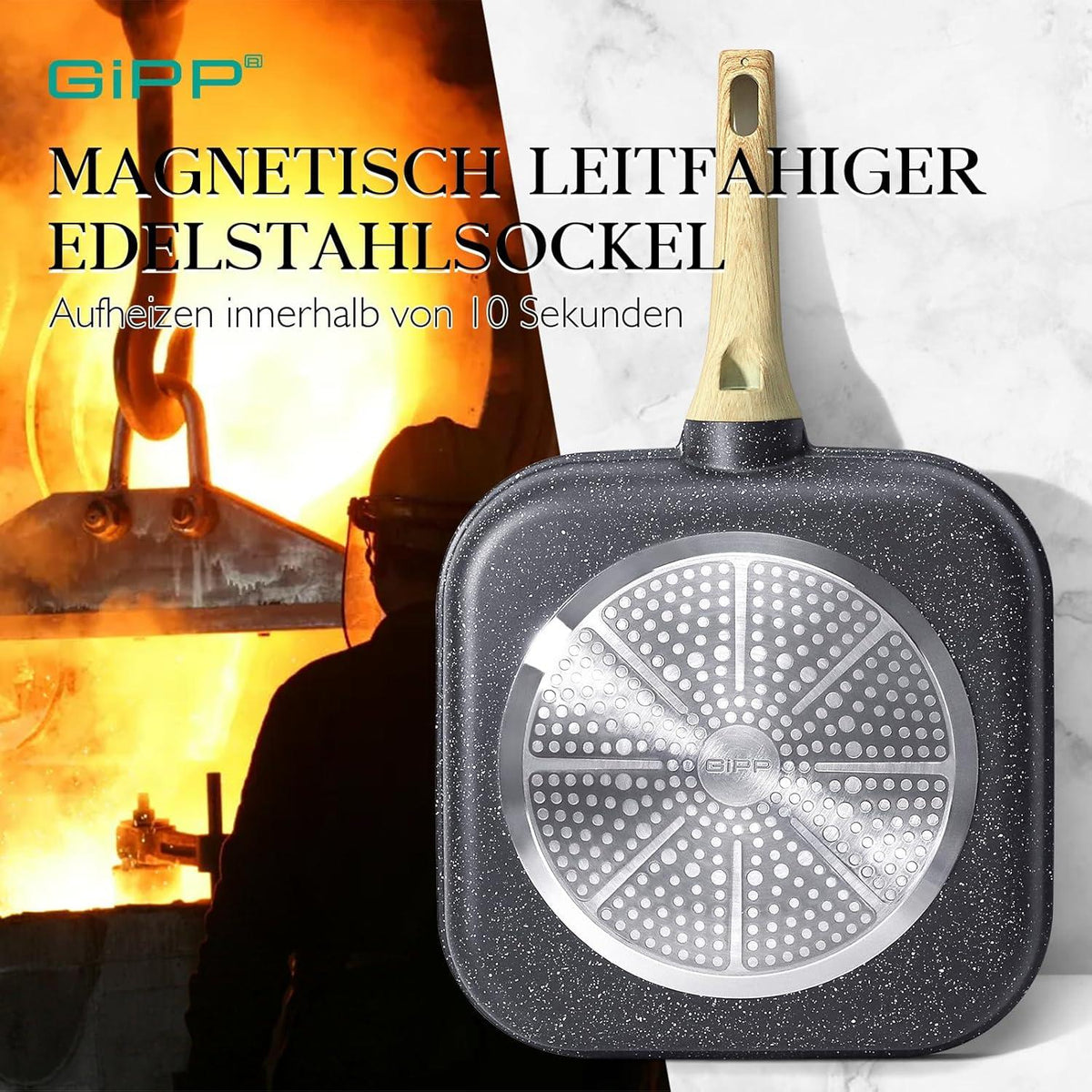 Grillpfanne 28x28cm Aluguss mit Granit-Antihaftbeschichtung, induktionsgeeignet