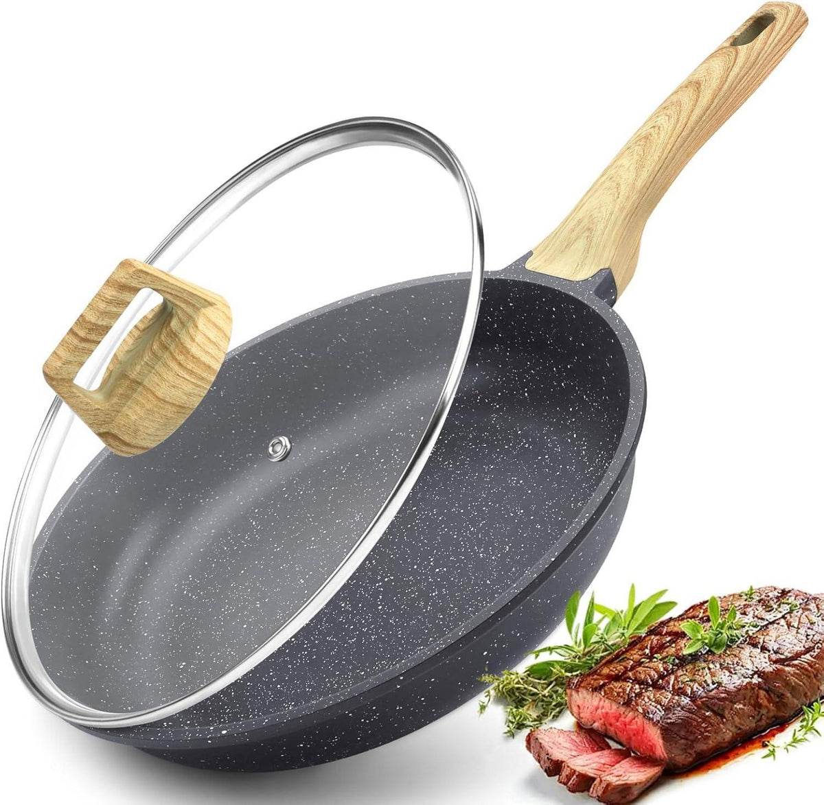Antihaft Pfanne mit Deckel 28cm Granit beschichtet Induktion Grau