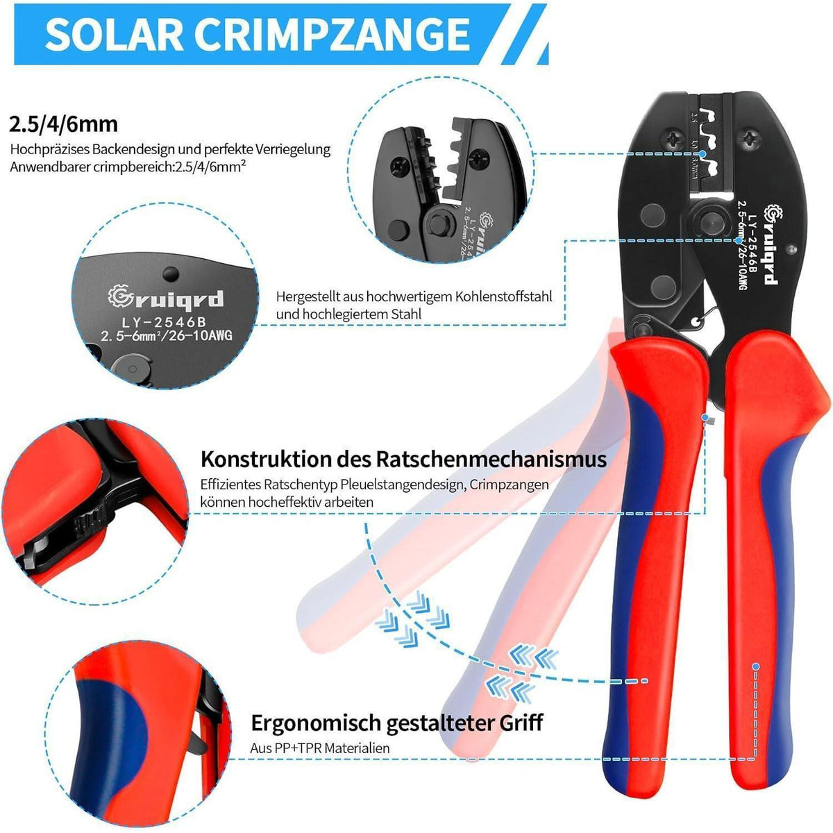 Solar Crimpzangen Set für PV Kabel 2.5/4/6mm² mit Steckern