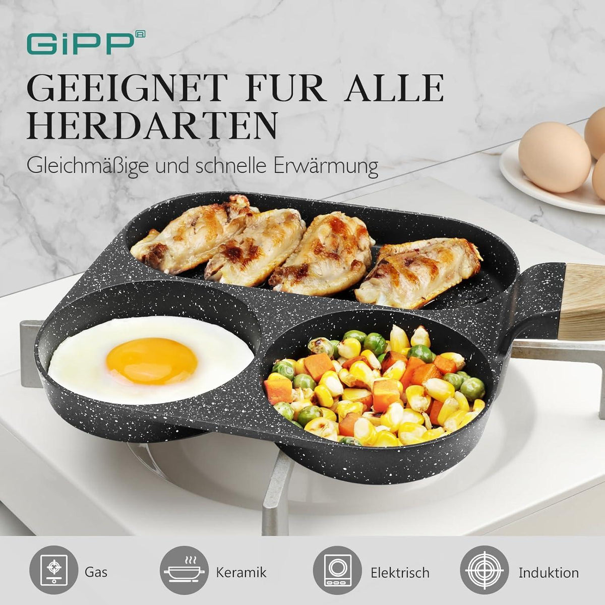 GiPP 3-Loch Omlettenpfanne mit Granit-Antihaftbeschichtung, PFOS/PFOA-Frei - Grau