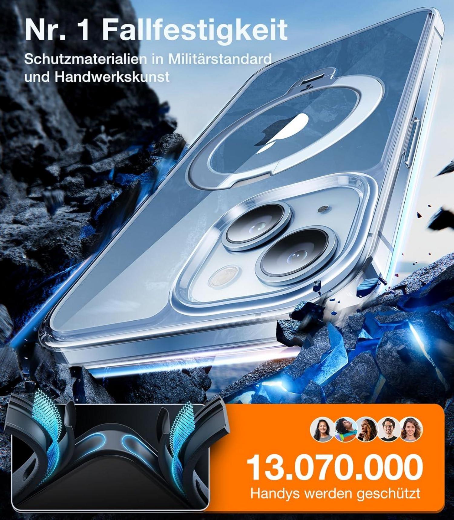 TORRAS Ostand Spin 360° iPhone 15 Hülle Diamantklar MilitärschutzTransparent