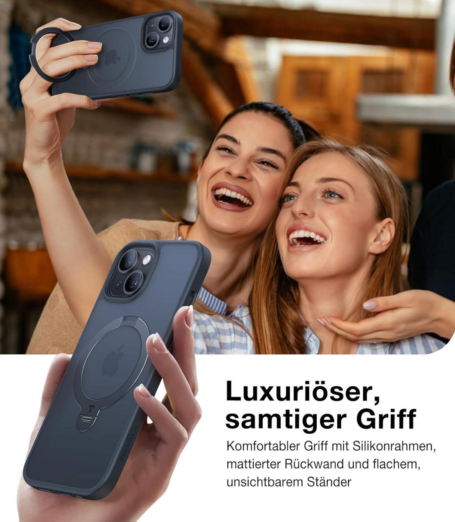 360° Ostand Spin iPhone 15 Hülle Schwarz Militärschutz Matt Samtweiche