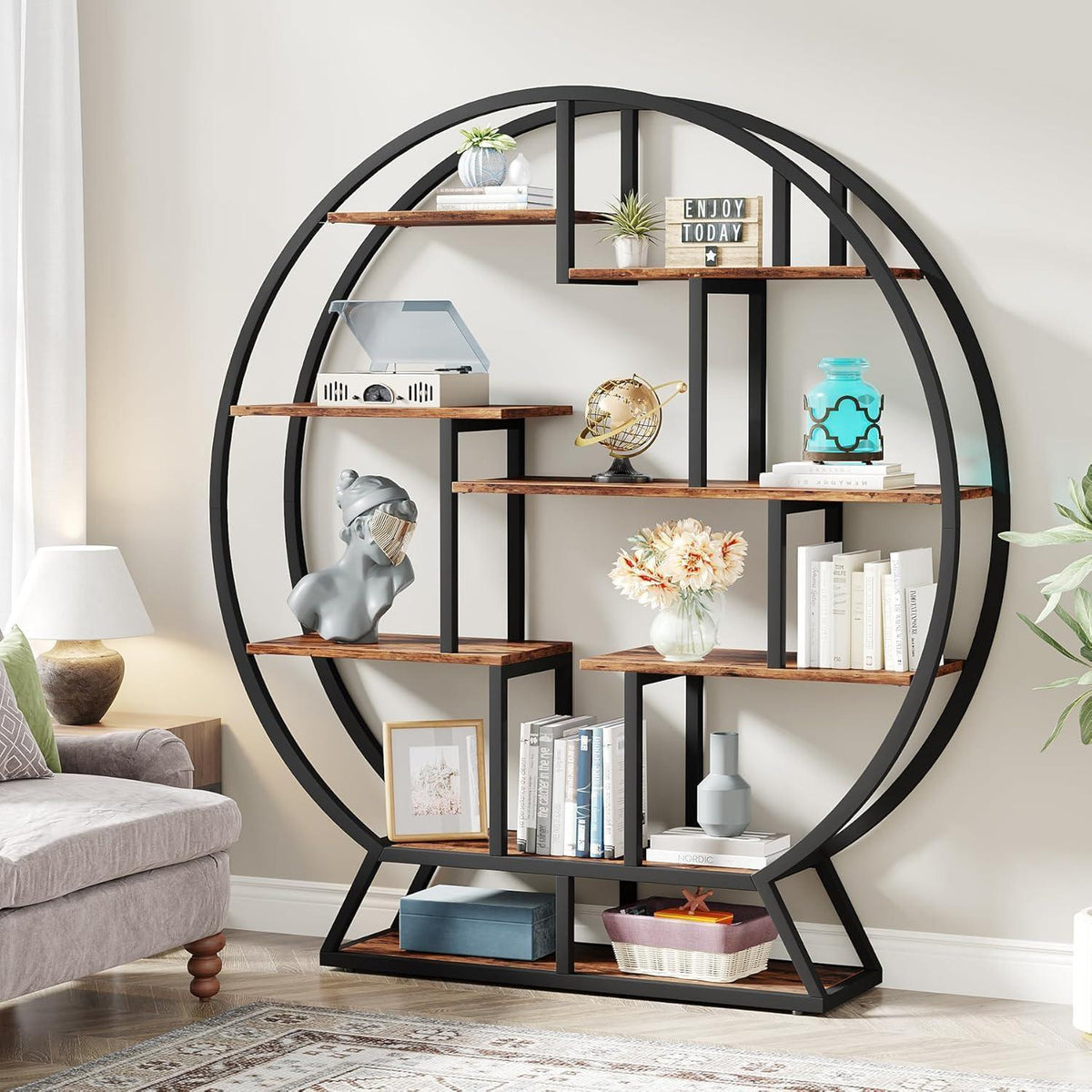 Rundes Bücherregal Industrie-Stil, 5 Etagere, 160cm hoch