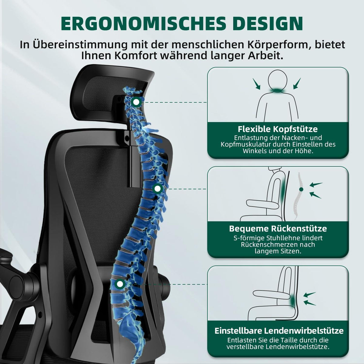 Airchros Bürostuhl Ergonomisch Verstellbar Wippfunktion 135° Rückenschonend