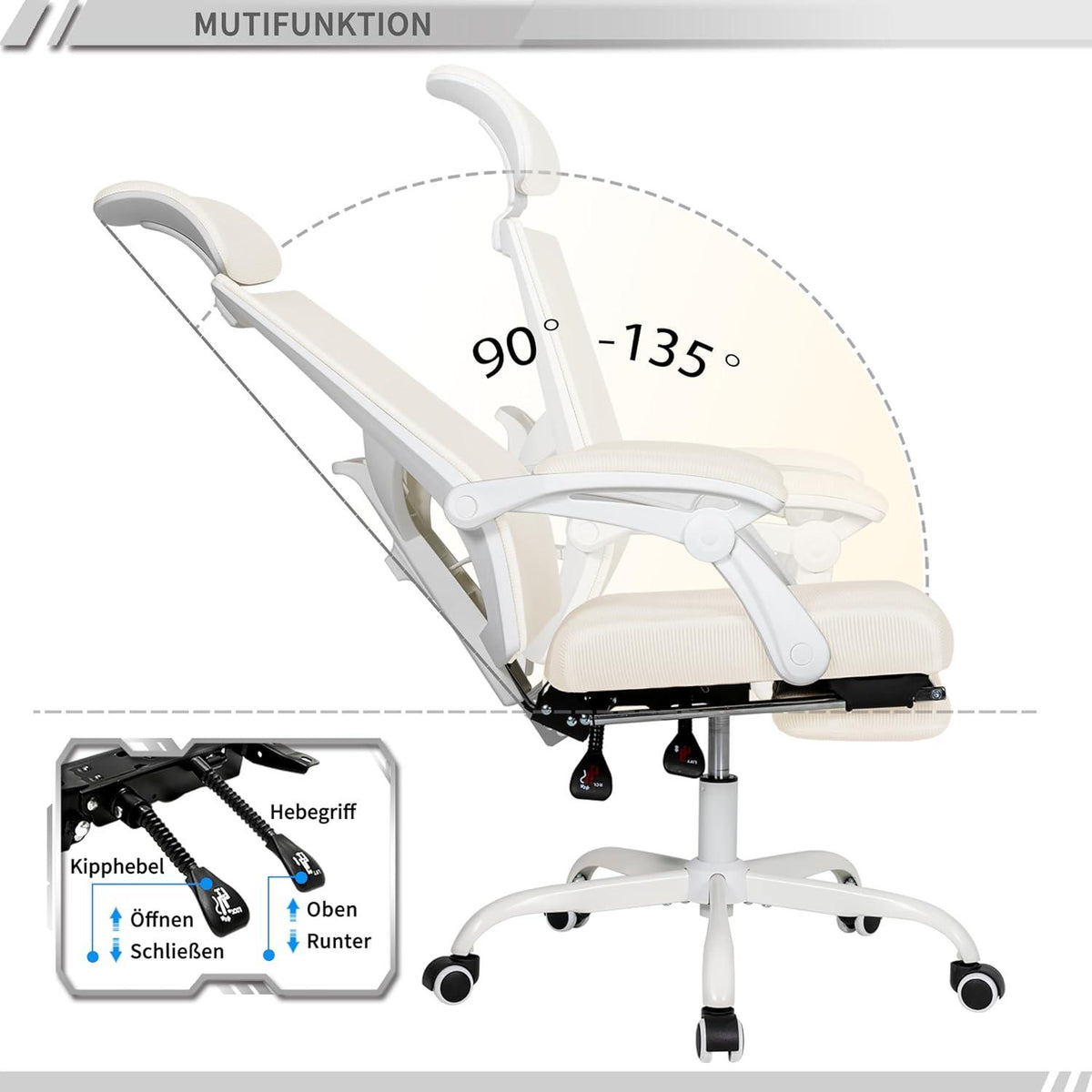 Ergonomischer Bürostuhl Mesh mit Fußstütze Kopfstütze Lendenwirbelstütze Neigbar