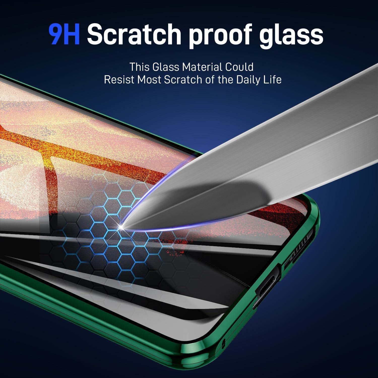 Hülle Samsung Galaxy S24 Grün Magnetisches Adsorptionsgehäuse Doppelt Gehärtetes Glas Magnet Stoßfest Metall Flip Cover Schutz