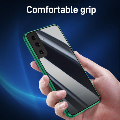 Hülle Samsung Galaxy S24 Grün Magnetisches Adsorptionsgehäuse Doppelt Gehärtetes Glas Magnet Stoßfest Metall Flip Cover Schutz