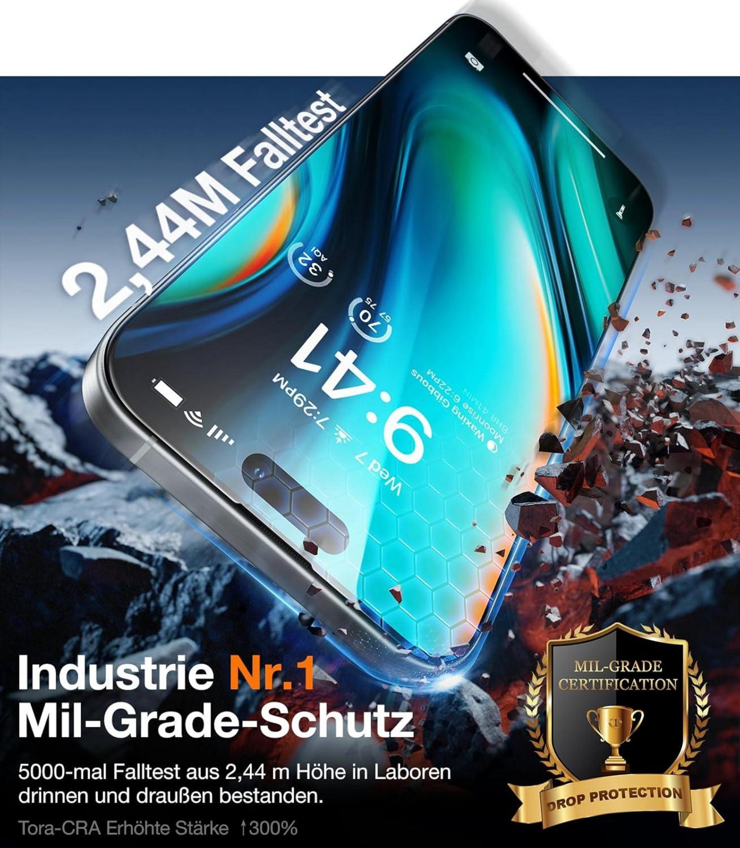 TORRAS Panzerglas Schutzfolie für iPhone 15 Pro 9H+ Schwarz 2 Stk
