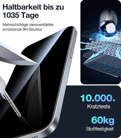 Panzerglas Sichtschutz für iPhone 15 Pro [9H+ Bruchsicher] Schutzglas