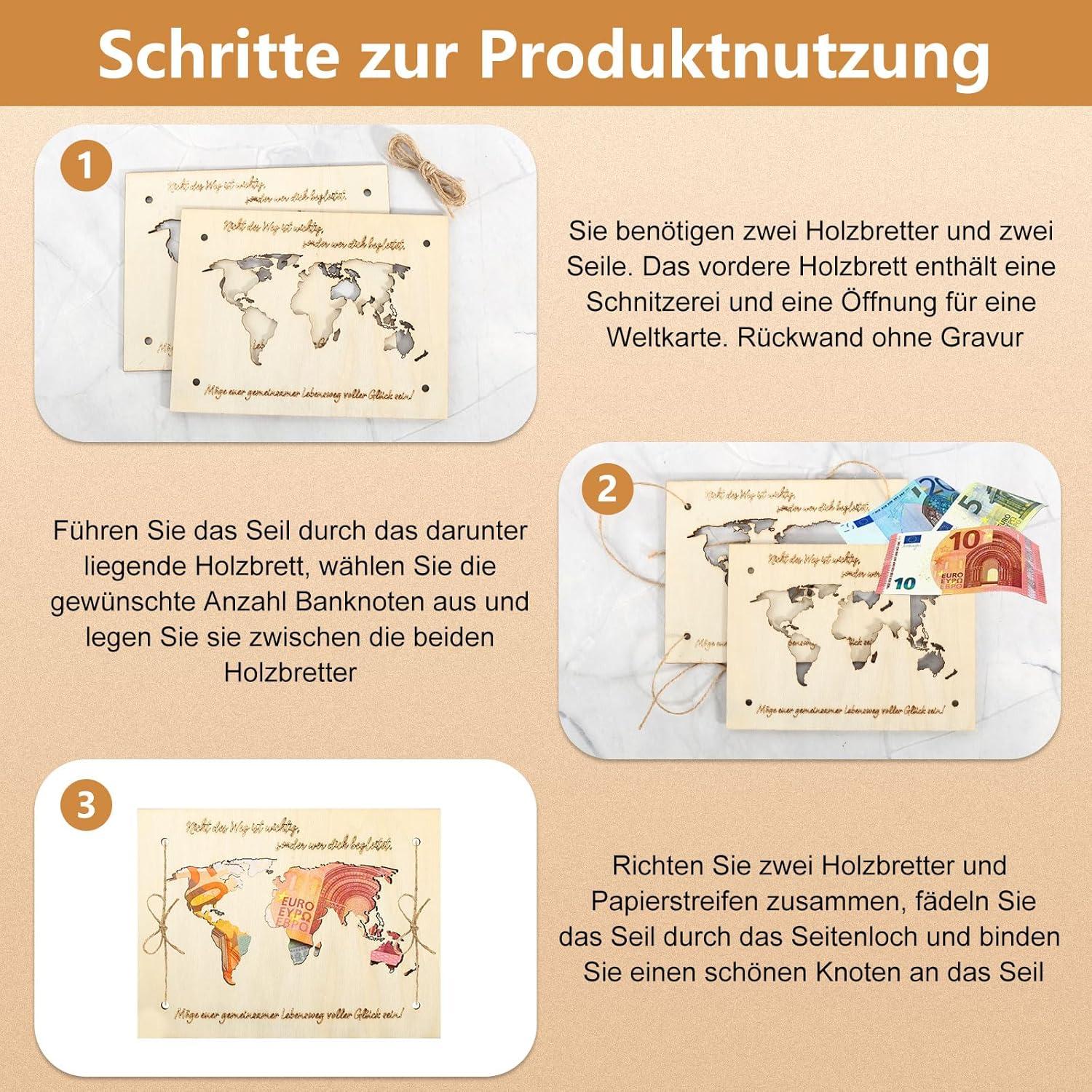 Geldgeschenk Hochzeit Weltkarte Holz Grußkarte Geschenk Reise