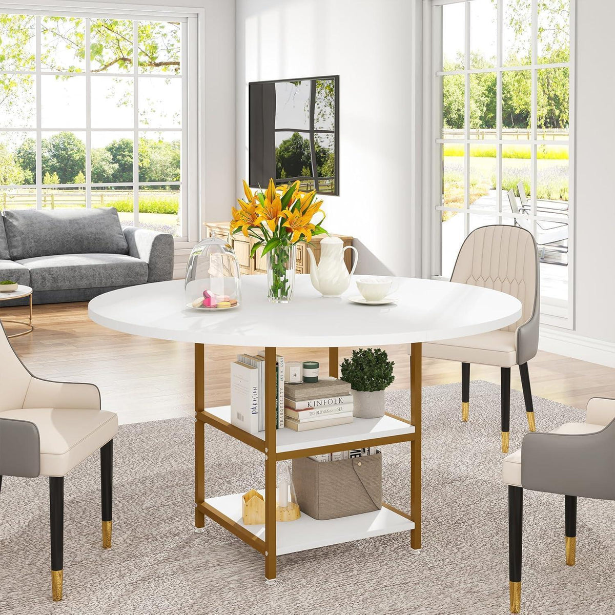Runder Esstisch mit Ablage | 120x75cm | Weißgold | Esszimmer Küchentisch