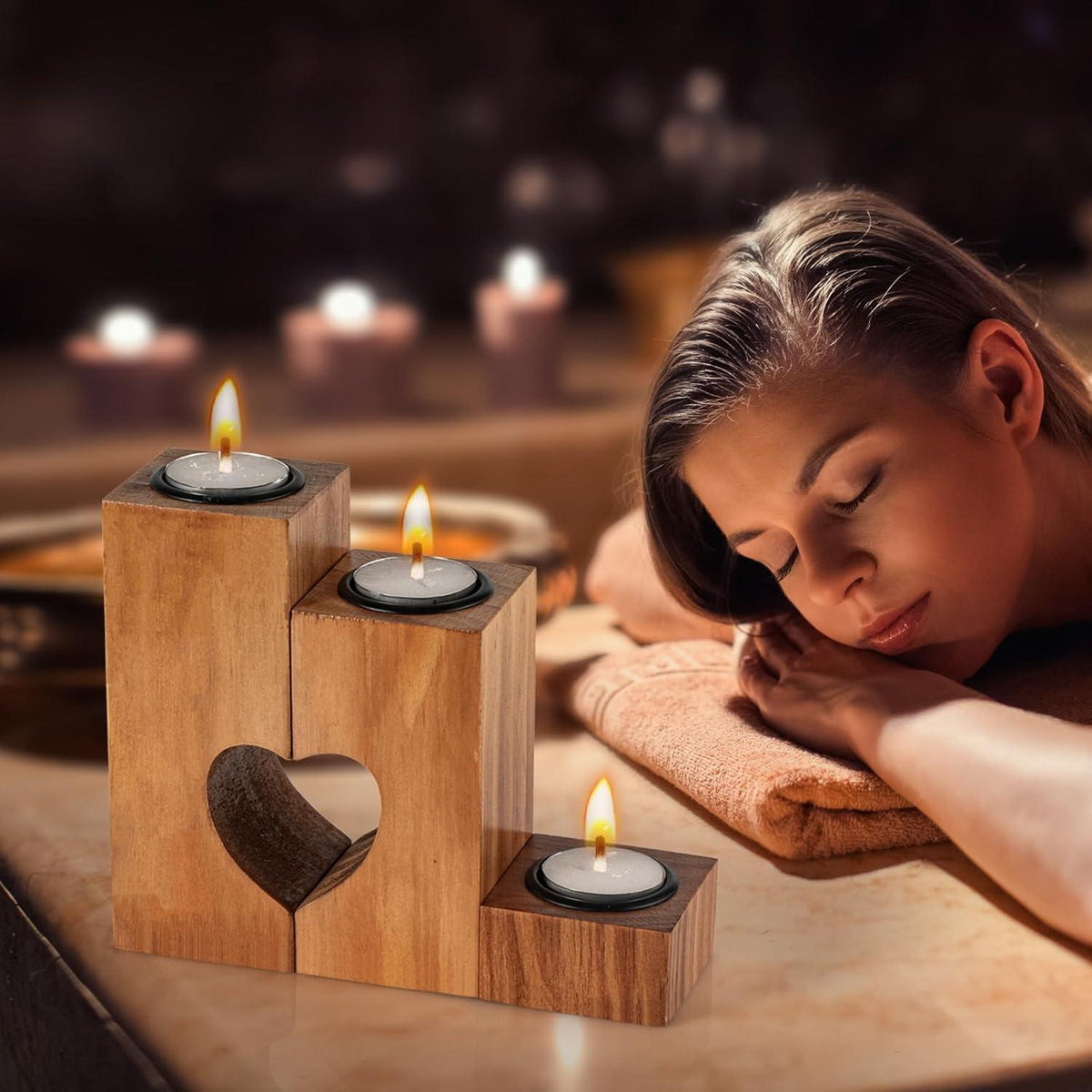 Holz Herz Teelichthalter Set 3 Kerzen Deko Mama Oma Geschenk