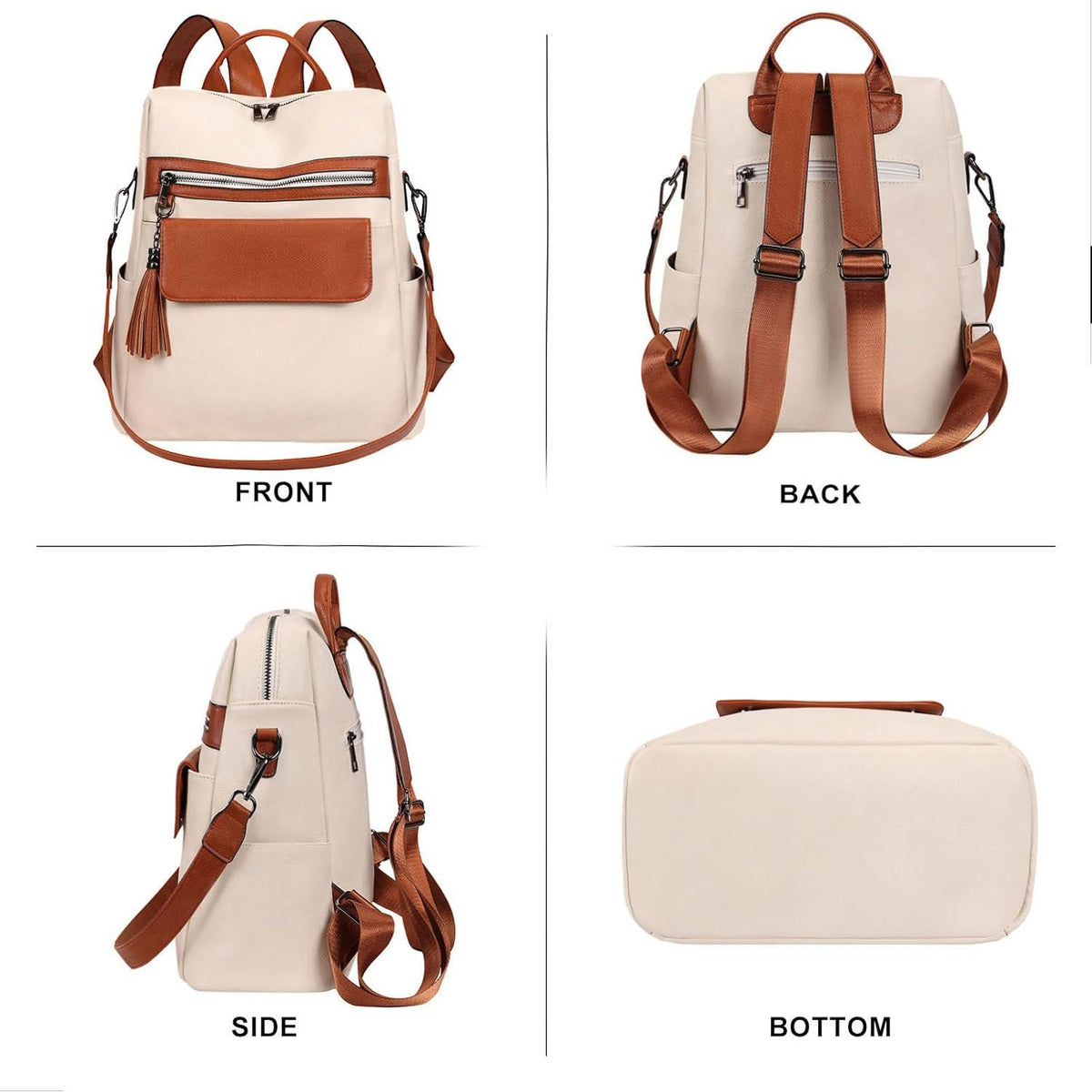 Damen Lederrucksack Schwarz Beige wasserdicht 2in1 33x16x36cm