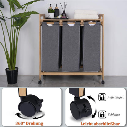 iEGrow Wäschekorb 3 Fächer Bambus Rollen 150L Grau