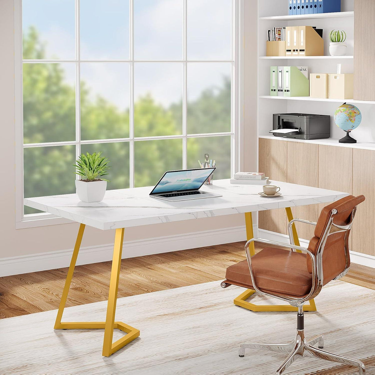 Weiß-Goldener Schreibtisch 140x80cm – Modernes Home Office