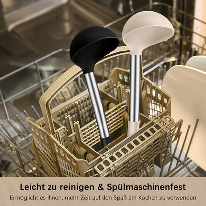 Silikon Suppenkelle 2er Set, Hitzebeständig, Edelstahlgriff, Schwarz & Khaki