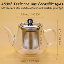 Teekanne Glas 450ml mit Abnehmbarem Edelstahl Filter