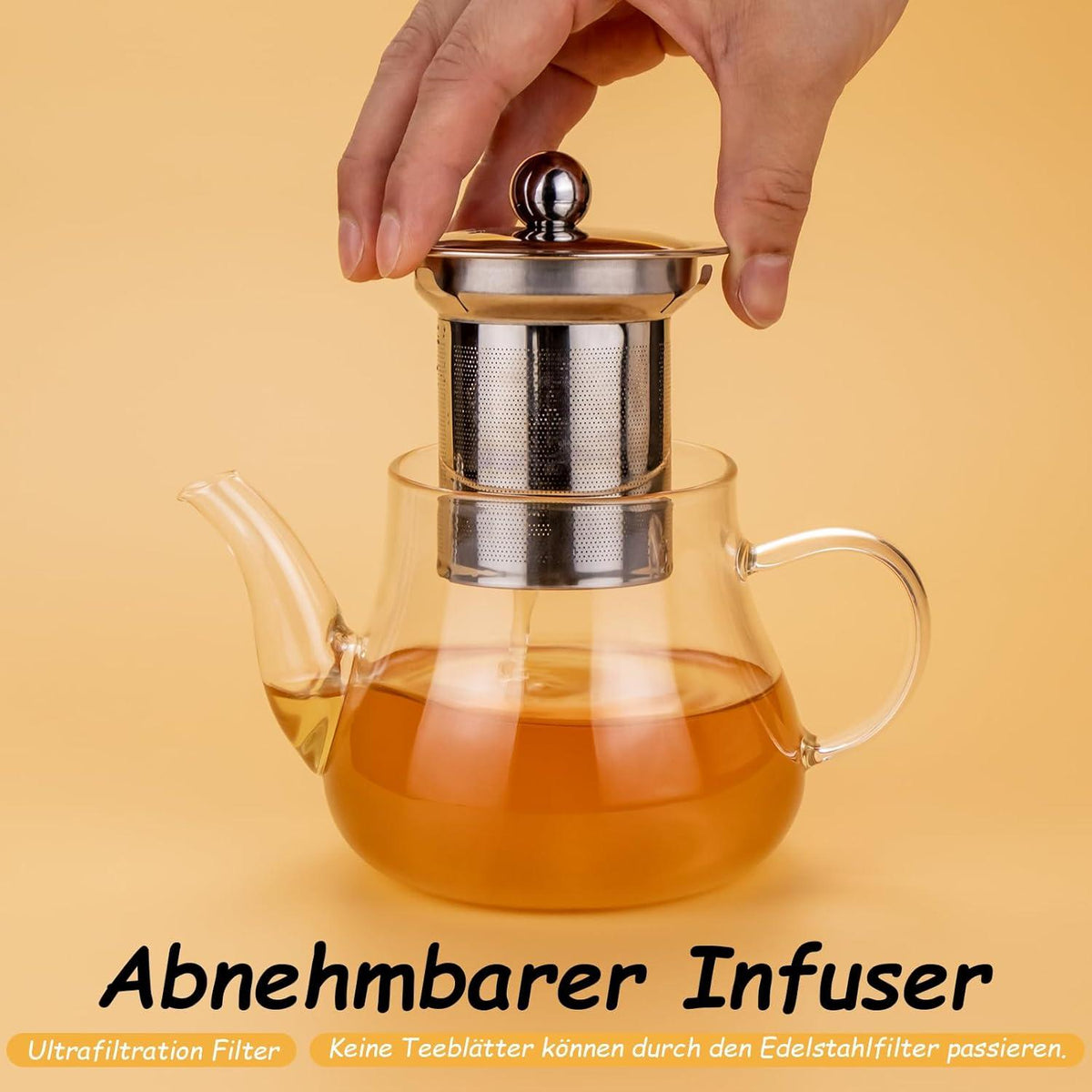 Glas Teekanne 450ml mit Edelstahl Filter abnehmbar
