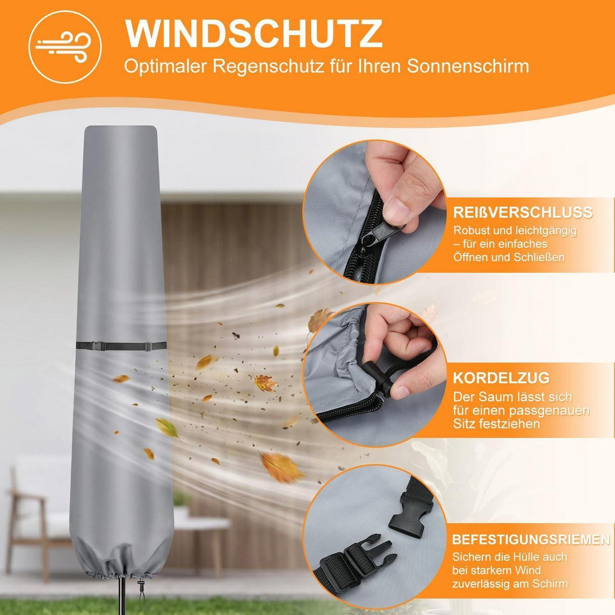 Sonnenschirm Schutzhülle 170cm Grau mit Stab & Aufbewahrungstasche