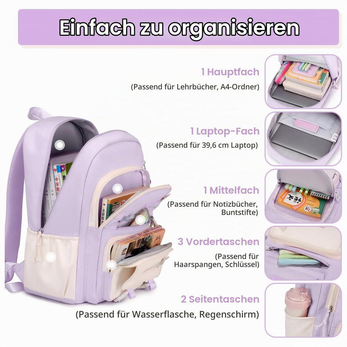 Schulrucksack Mädchen Lila – Komfortabler Kinderrucksack 3.-7. Klasse