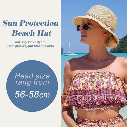 Damen Sonnenhut Faltbar Strohhut UV-Schutz Beige L