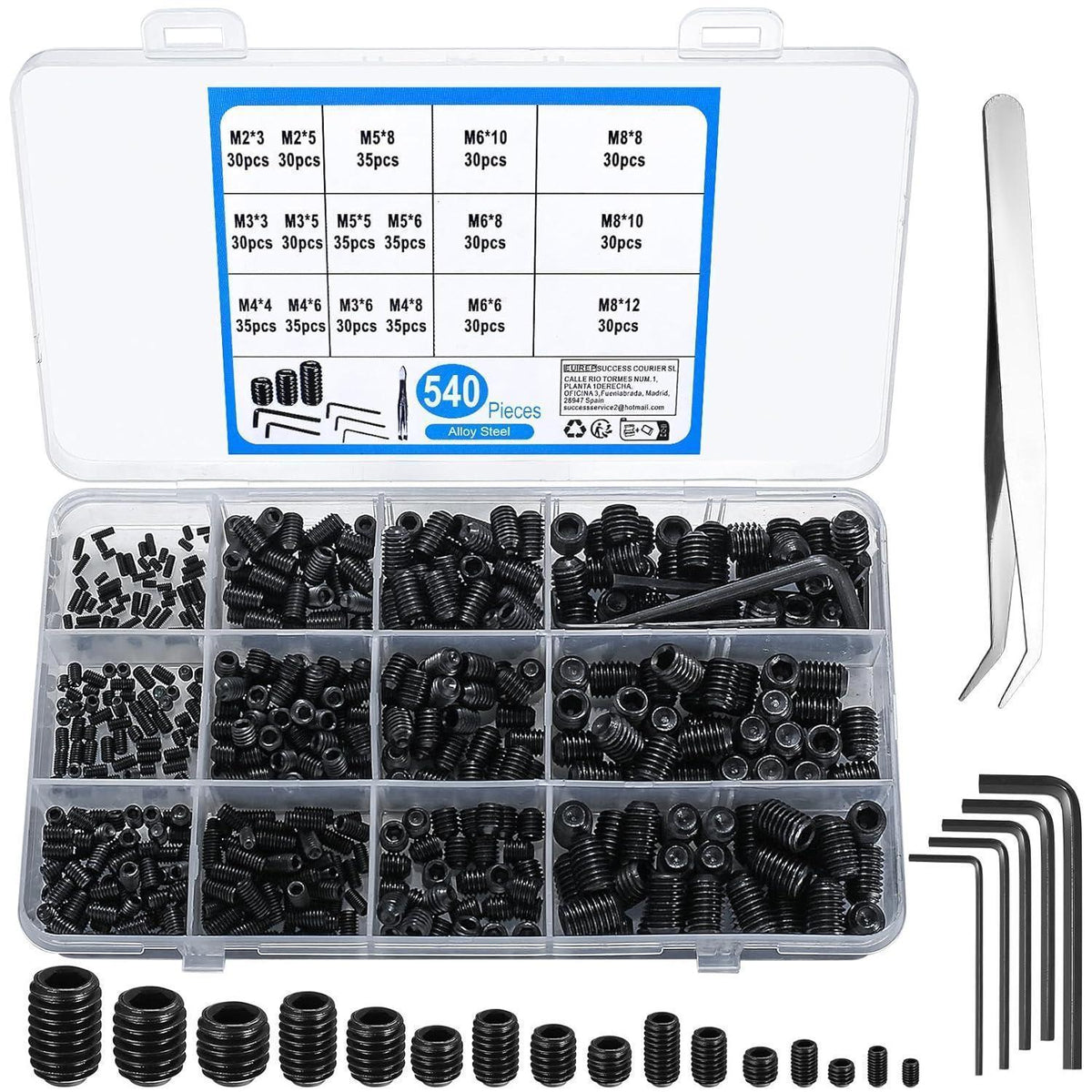 Madenschrauben Set 540tlg. Innensechskant M2-M8 Edelstahl schwarz