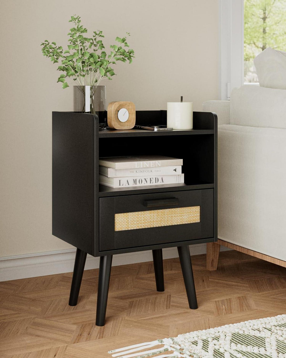 Nachttisch Rattan Schwarz Schublade Beistelltisch Gold Schafzimmer