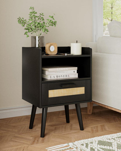 Nachttisch Rattan Schwarz Schublade Beistelltisch Gold Schafzimmer