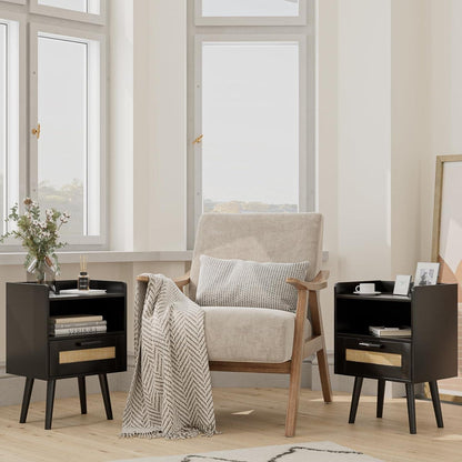 Rattan Nachttisch Schwarz mit Schublade und goldenem Rahmen