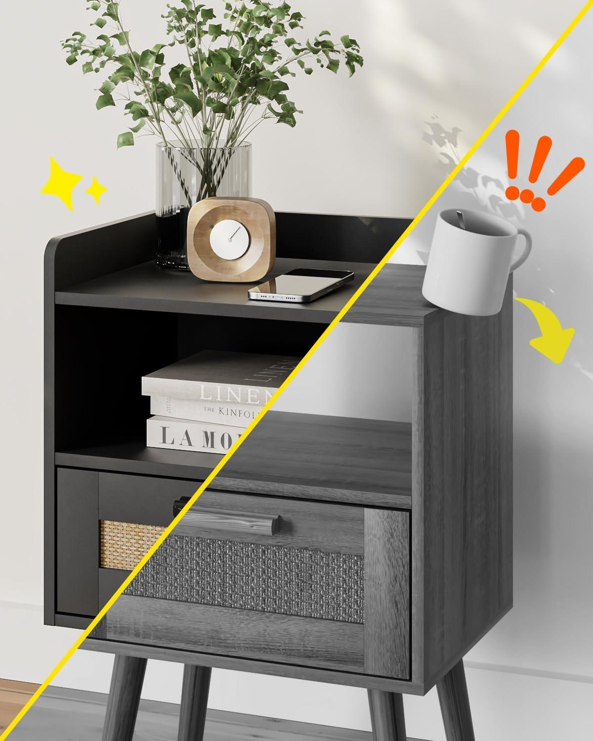 Nachttisch aus Rattan mit Schublade und goldenem Rahmen
