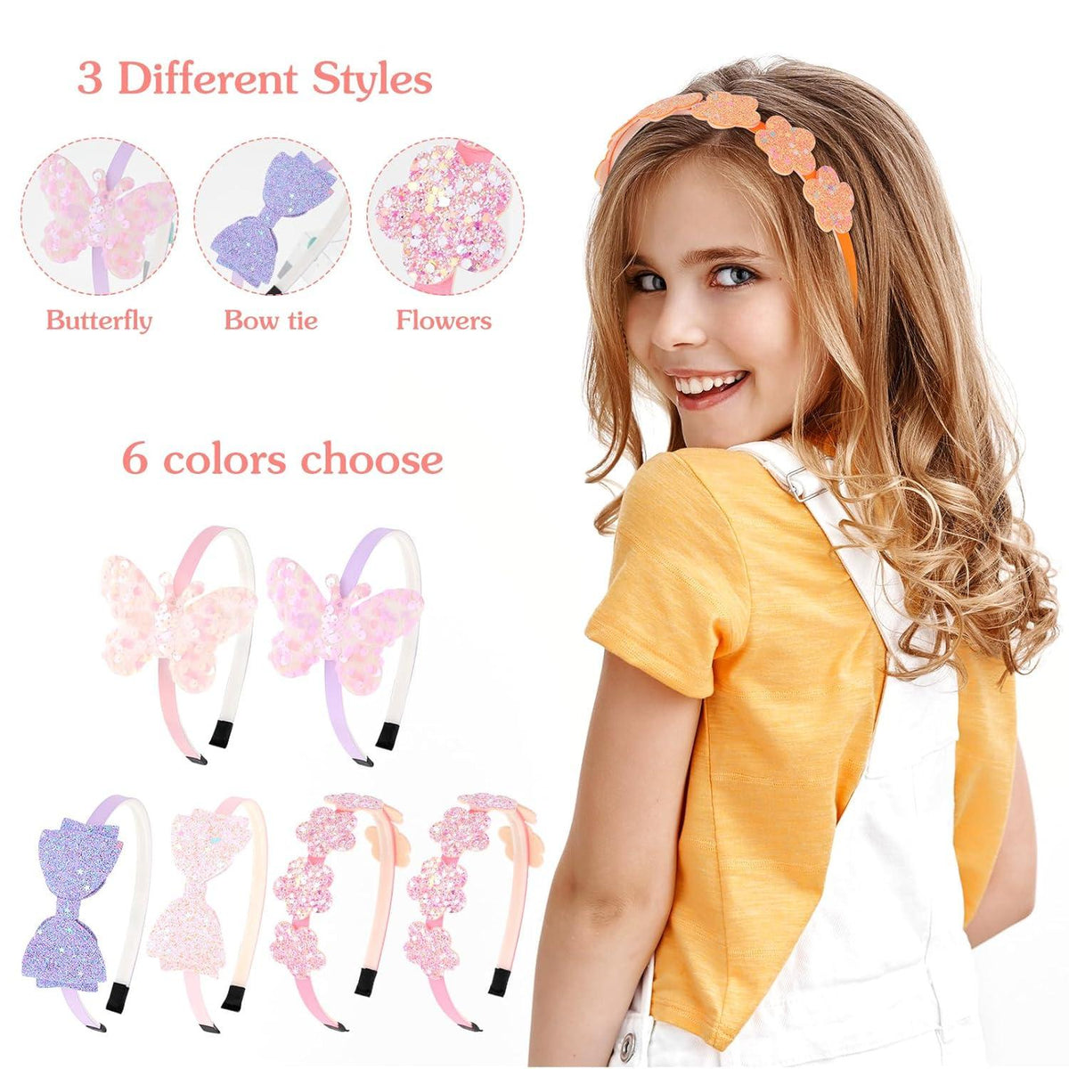 Glitzer Haarreifen 6er Set Schmetterling Blumen Stirnband