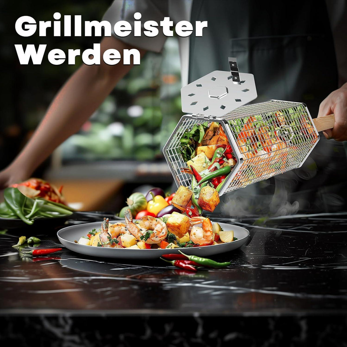 Rollender Grillkorb aus Edelstahl mit Holzgriff, 2 Sechseckig