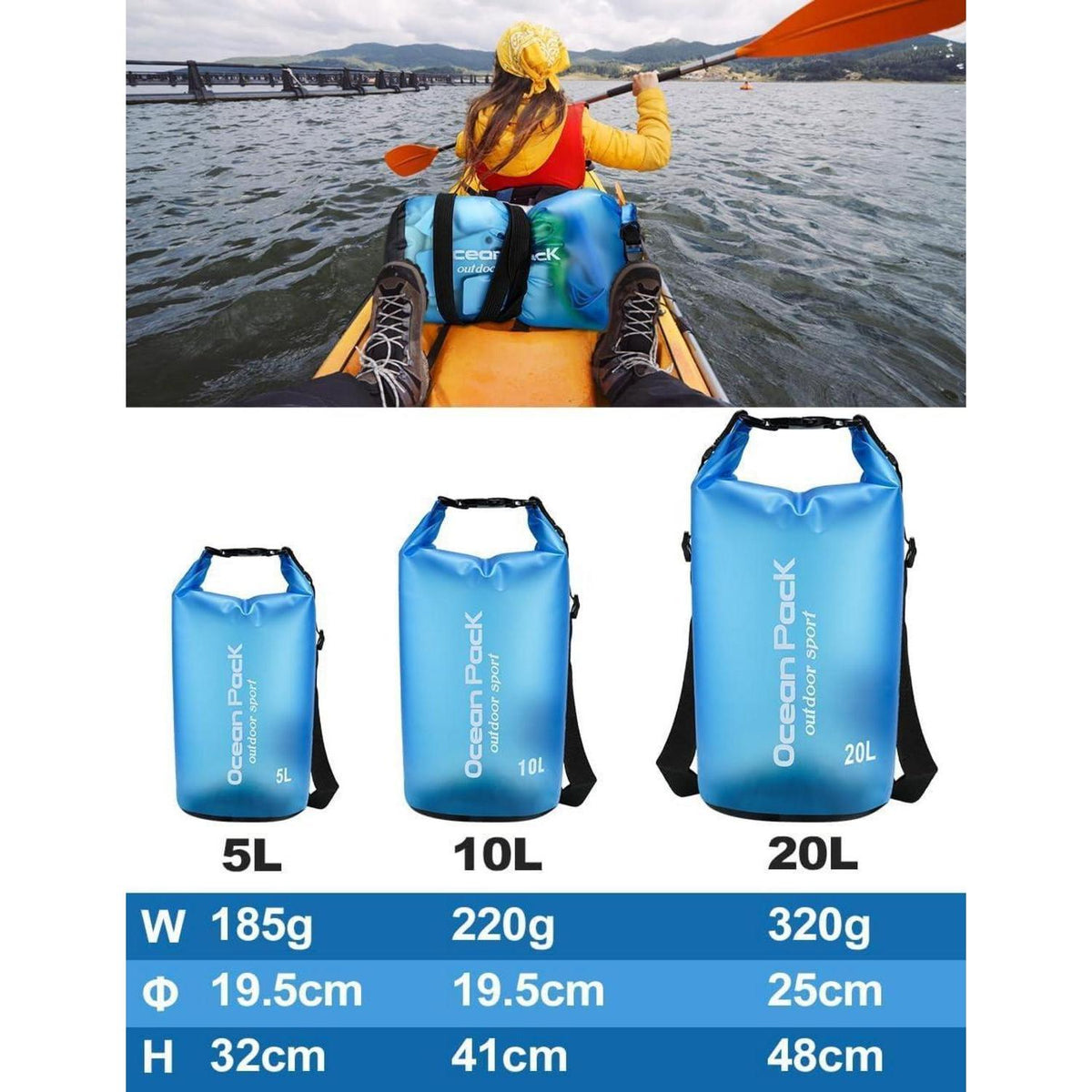Wasserdichte Tasche 20L/10L/5L/2L mit Schultergurt Himmelblau