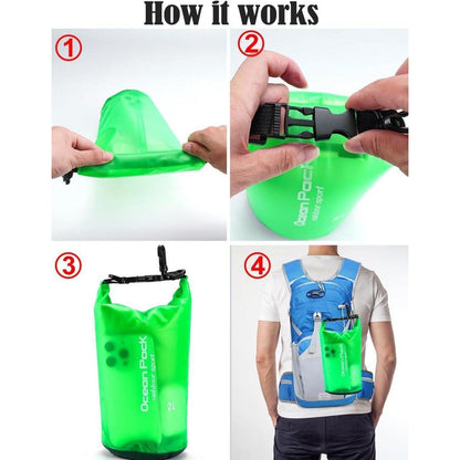 Wasserdichte Tasche 2L Grün mit Schultergurt für Wassersport