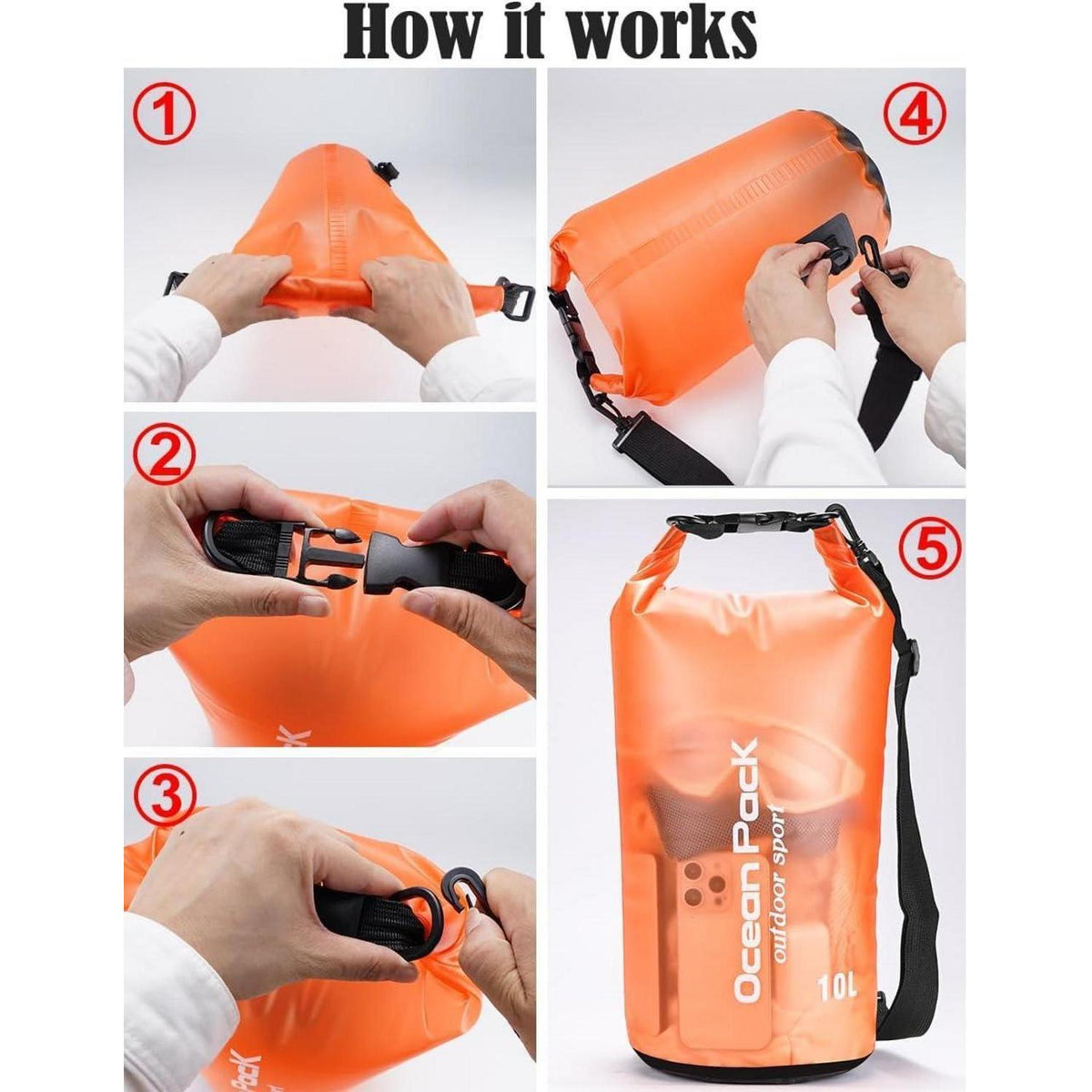Wasserdichte Tasche 10L Orange mit Schultergurt für Wassersport