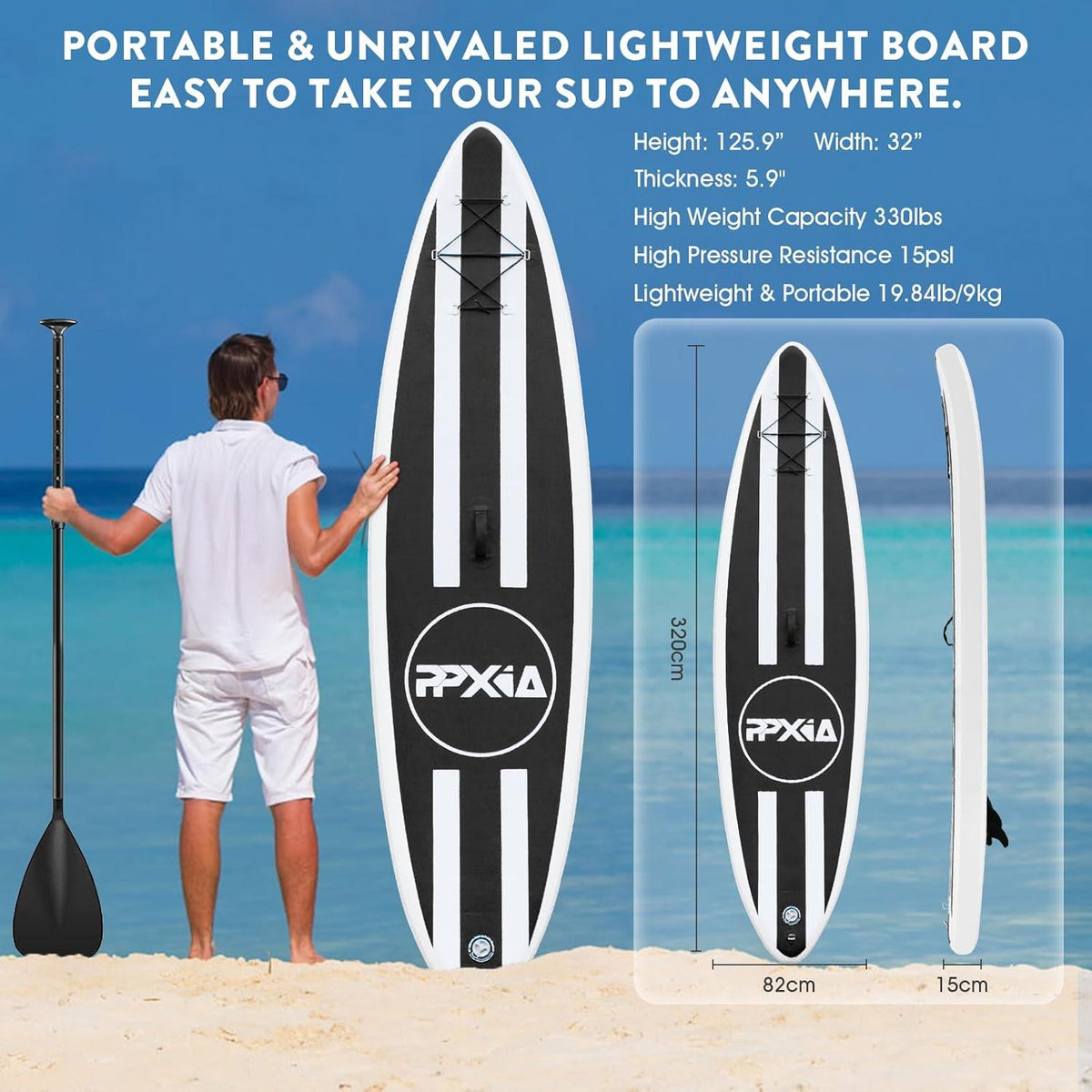 Aufblasbares Stand Up Paddle Board 320cm×82cm×15cm Black & White