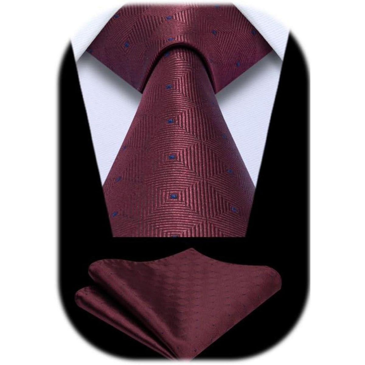Herren Krawatten Set mit Einstecktuch, kariert, burgundrot