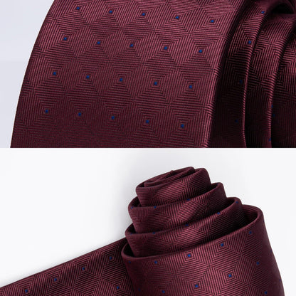 Herren Krawatten Set mit Einstecktuch, kariert, burgundrot