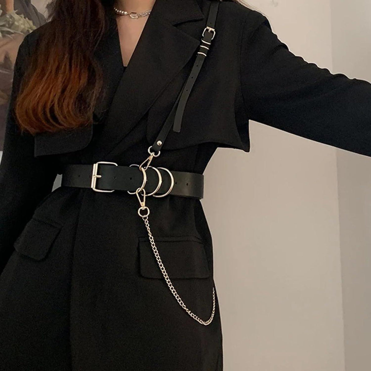 Gothic Punk Damen Taillengürtel Leder Harness Schwarz Kettengürtel