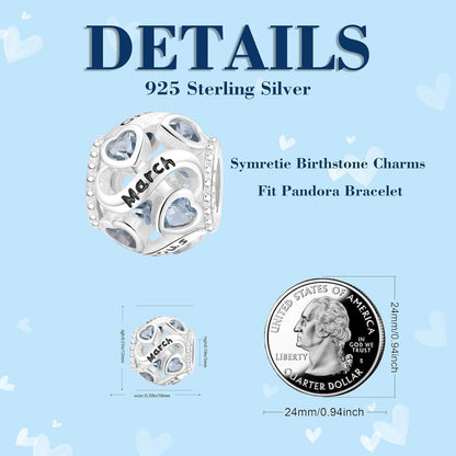 925 Sterling Silber Geburtsstein Charm Anhänger - Herz Bead für Frauen, März