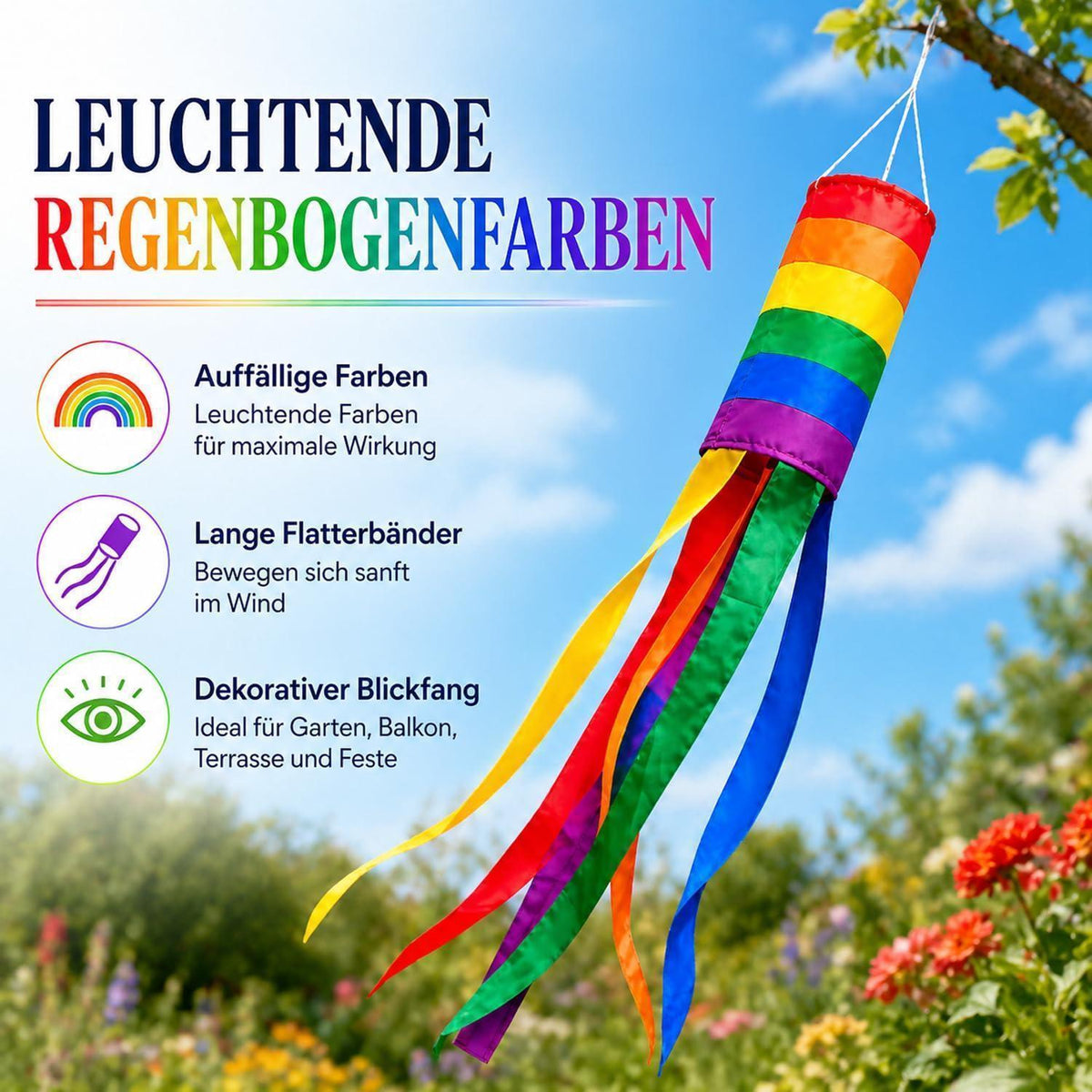 Regenbogen Windsack – Garten & Balkon Dekoration 88cm