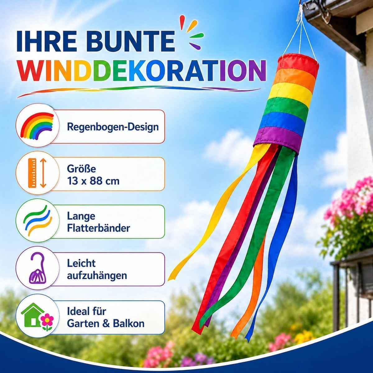 Regenbogen Windsack – Garten & Balkon Dekoration 88cm