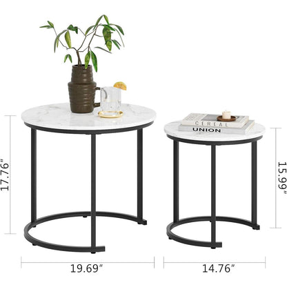 Runder Couchtisch Set Gold Metall, Marmor Weiß, 2-teilig