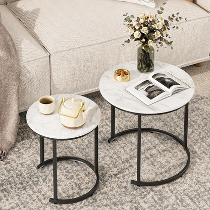 Runder Couchtisch Set Gold Metall, Marmor Weiß, 2-teilig