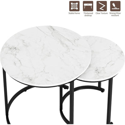 Runder Couchtisch Set Gold Metall, Marmor Weiß, 2-teilig
