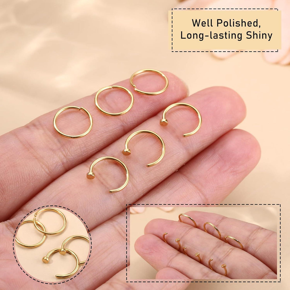 6x Nasenpiercing Ring Set 316L Chirurgenstahl Fake Nasenring Gold 18G-6mm