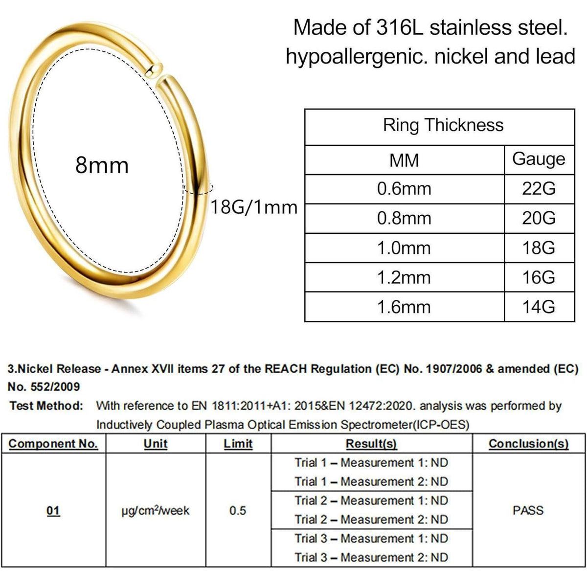 6x Nasenpiercing Ring Set 316L Chirurgenstahl Fake Nasenring Gold 18G-6mm